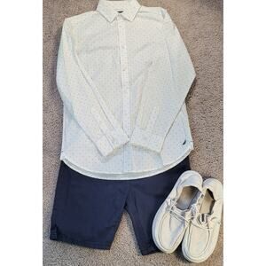 Nautica Boys White Button Down Shirt N Nautical Print 14 Preppy Formal School